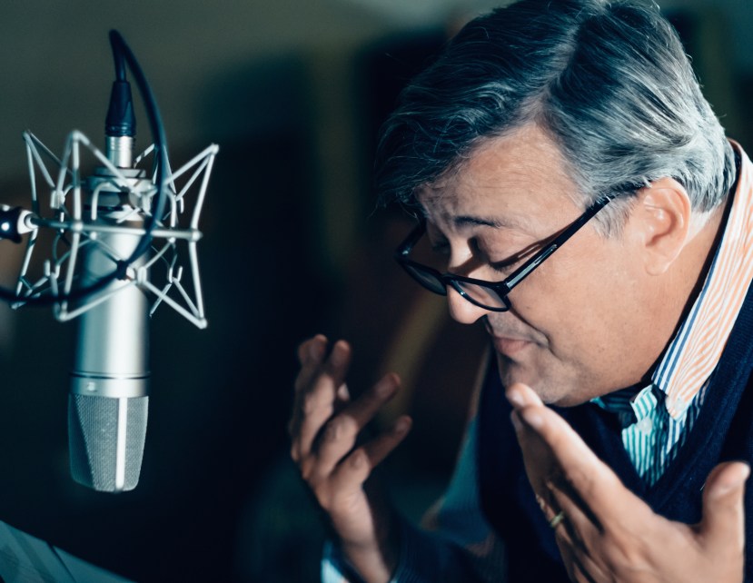 Stephen Fry records the Max Carrados collection at Audible Studios, London