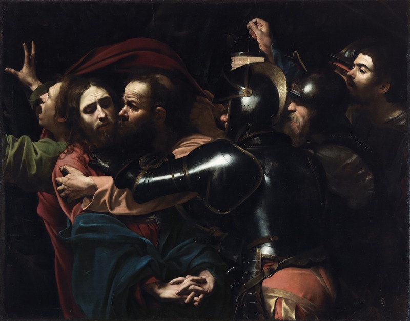 Religious scene, the arrest of Christ in the events of Holy Week. Jesus Christ being embraced by a disciple, and three soldiers waiting to take him away. A man in the background gesturing in despair.